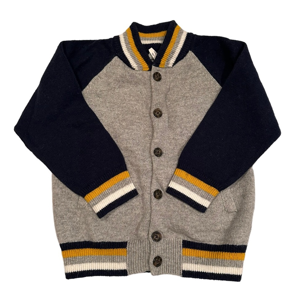 Baby Gap Cardigan, navy/yellow/gray, size 4 years.